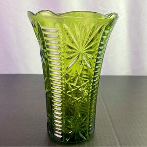 Vintage Anchor Hocking Star of David Green Cut Glass Vase